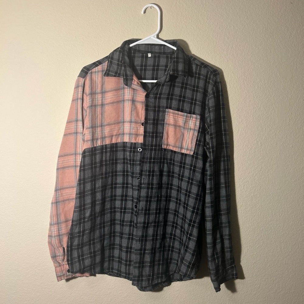 Shein black and pink color block flannel